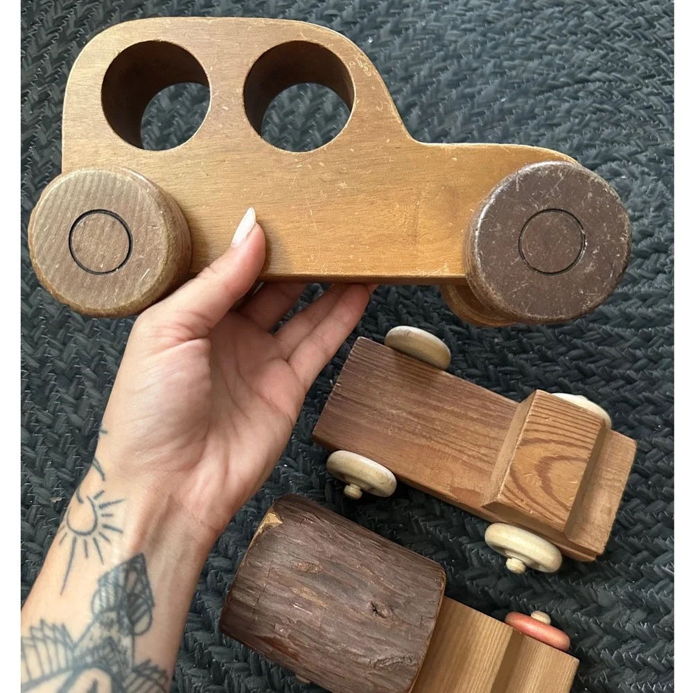 Vintage Primitive Handcrafted California Redwood Wooden Toy Car and Truck Set